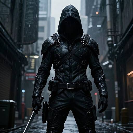 Cyberpunk hooded figure in black tactical gear stands in rainy urban alley, glowing eyes visible, holding sword, city lights blurred background.