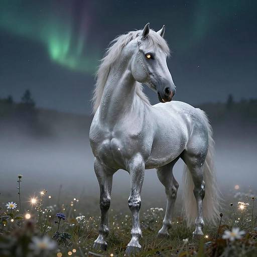 Glimmering Silver Stallion in Foggy Valley
