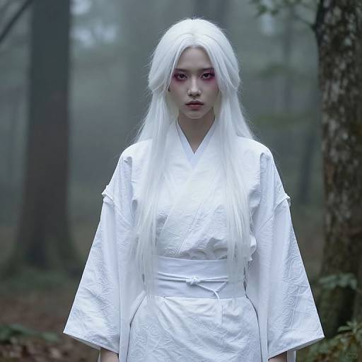 Photograph of a pale-skinned woman with long white hair, wearing a white kimono in a misty forest, with pink eye shadow.