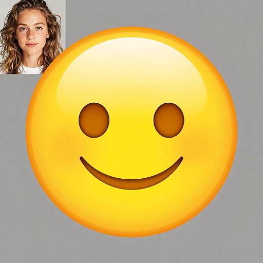 Photograph of a yellow smiley face emoji with circular eyes and curved smile, overlaid with a small inset image of a smiling young woman with w