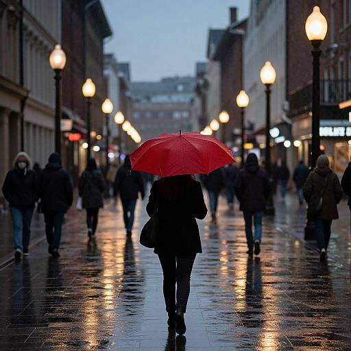 Photograph of a rainy urban street at dusk, featuring a lone person with a bright red umbrella walking away, surrounded by blurred, illuminated streetlights and