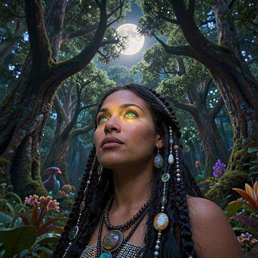 Photorealistic digital artwork of a dark-skinned woman with braids, glowing green eyes, wearing beaded necklaces, in a magical forest with
