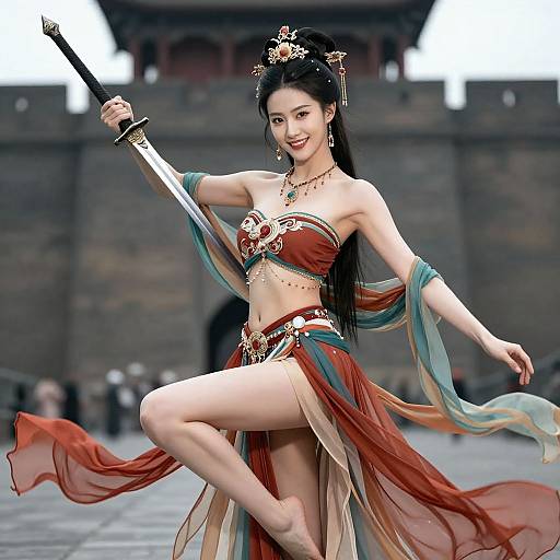 Digital artwork of an Asian woman in a red and gold warrior dance outfit, holding a sword, with long black hair, and a confident smile, against