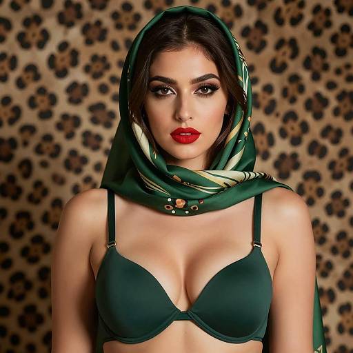 Woman in Green Headscarf and Bra with Leopard Print Background