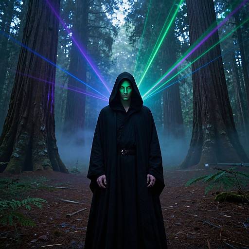 Mysterious figure in black hooded cloak with glowing green face stands in foggy forest, surrounded by vibrant blue and green laser beams.
