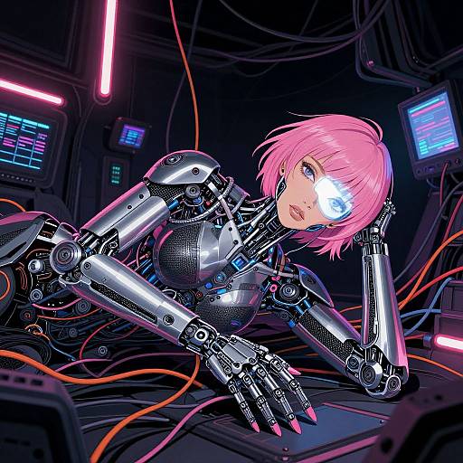 Digital anime-style artwork of a pink-haired woman with cybernetic limbs, lying in a dark, neon-lit control room, wires surrounding her.