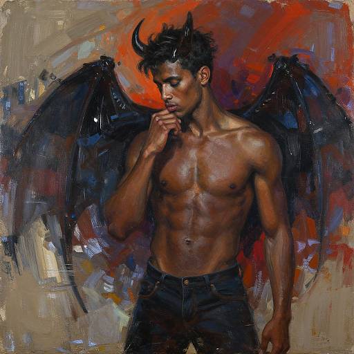 Digital painting of a muscular, shirtless black demon with dark wings, horns, and a contemplative expression against a vibrant, abstract red and orange background