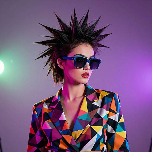 Photograph of a woman with spiked black hair, wearing geometric-patterned jacket, blue sunglasses, and red lipstick, under purple and green stage lights.