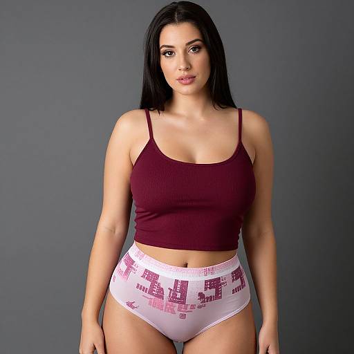 Photograph of a curvy woman with long black hair, wearing a maroon tank top and white high-waisted panties with pink text, against