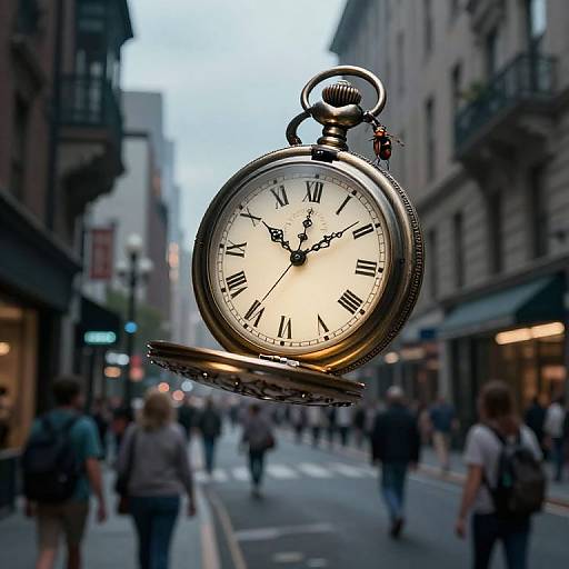 Photograph of a floating, vintage silver pocket watch with Roman numerals, set against a bustling urban street with blurred pedestrians.