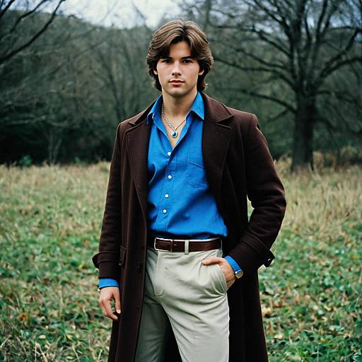 Young Man in Blue Shirt and Brown Coat Outdoors