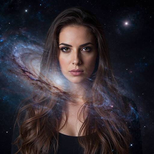 Photograph of a woman with long brown hair, intense gaze, dark makeup, wearing black, with a galaxy swirling around her head.