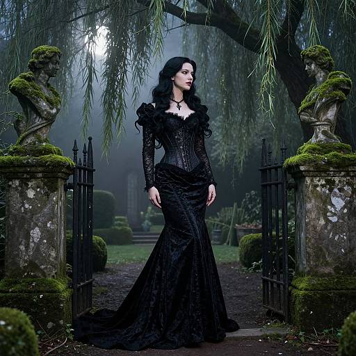Gothic woman with long black hair, wearing a lace black gown, stands in a misty, moonlit garden, flanked by moss-covered