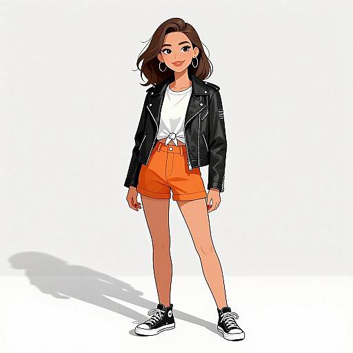 Digital illustration of a young woman with long brown hair, wearing a black leather jacket, white tee, orange high-waisted shorts, and black sneakers