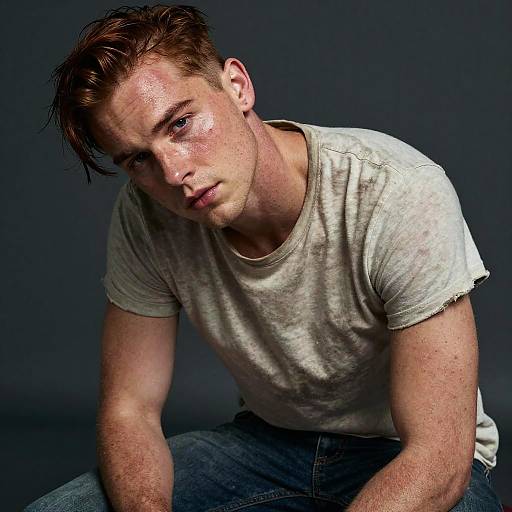 Photograph of a young, muscular man with wet, tousled brown hair, wearing a dirty white t-shirt and blue jeans, sitting against a dark