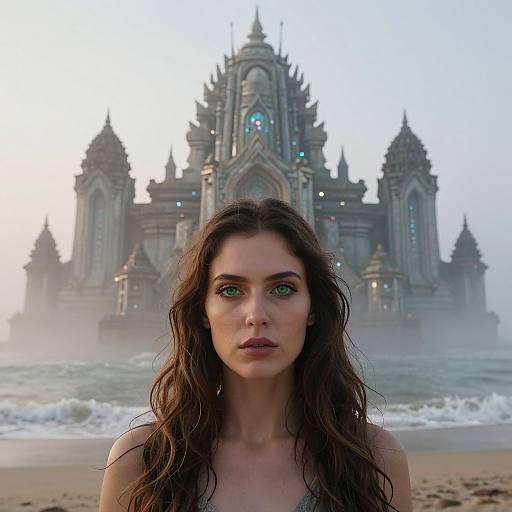 Photograph-style CGI of a young woman with green eyes, long brown hair, and a serious expression, standing on a misty beach in front of