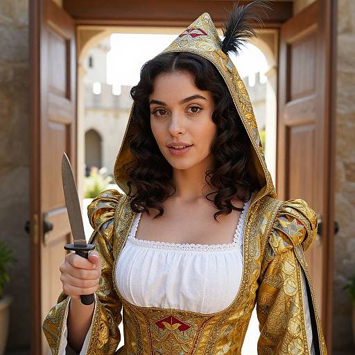 Photograph of a young woman with dark curly hair, wearing a gold medieval-style hooded gown, white blouse, holding a dagger, standing in a