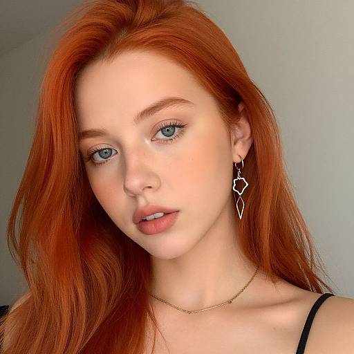 Photograph of a fair-skinned, red-haired young woman with blue eyes, wearing a black strap top, gold necklace, and diamond earrings, looking