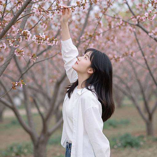 Young Asian woman with black hair, white blouse, and blue jeans touches pink cherry blossoms in a blooming tree orchard.