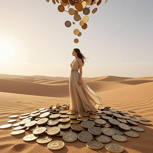 Photograph of a woman in a flowing beige dress standing in a desert, surrounded by golden coins falling from above.