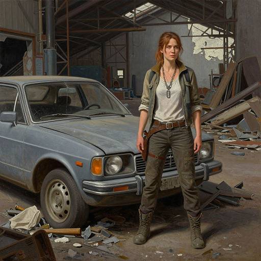 Digital artwork: Tough, brown-haired woman in a white shirt, black pants, and green jacket stands confidently in a dilapidated garage with a rust