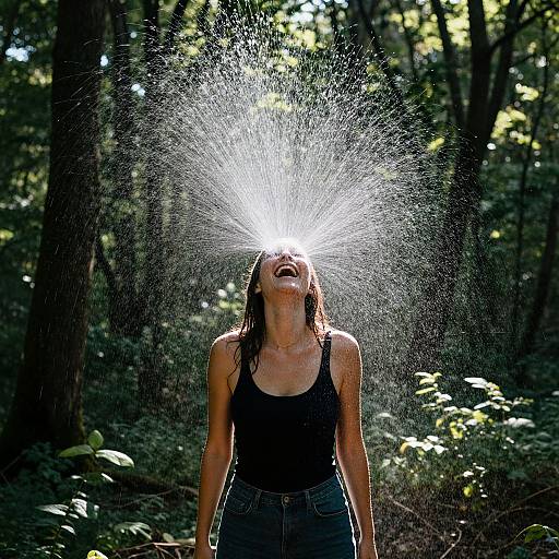Photograph: Woman in black tank top and jeans, splashing water over her head in sunlit forest, sunlight creating a bright halo effect.
