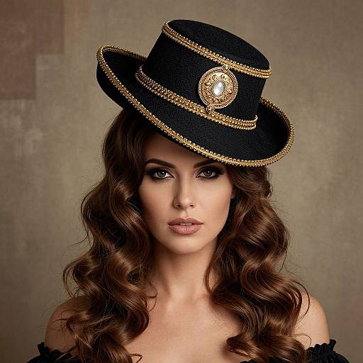Photograph of a woman with long, wavy brown hair, wearing a black top hat adorned with gold trim and a central brooch, against a