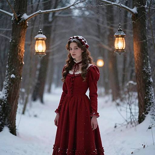 Photograph of a young woman with wavy brown hair, wearing a red Victorian-style dress and headband, standing in a snowy forest path lit by