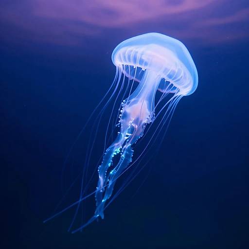Photograph of a glowing blue jellyfish with translucent, bell-shaped body and long, trailing tentacles against a dark, oceanic background.