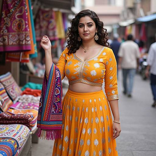 Photograph of a curvy South Asian woman with dark curly hair, wearing an orange floral kurta and skirt, standing in a vibrant market with colorful