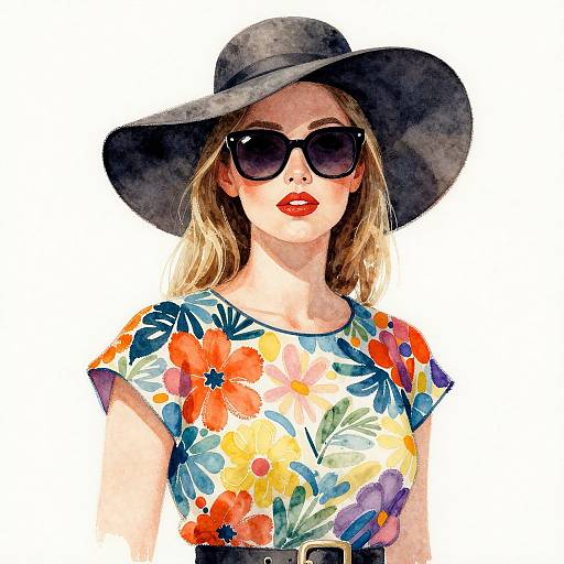 Watercolor-style illustration of a blonde woman with red lips, wearing a black wide-brim hat, dark sunglasses, and a colorful floral top.