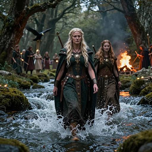 Photograph-like CGI of two blonde Viking women in dark medieval attire wading through a forest stream, surrounded by firelight and fellow warriors.