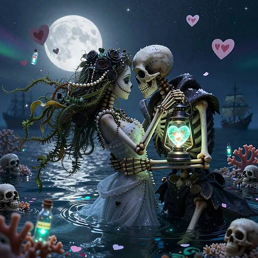 Romantic Skeleton Couple Embracing Under Moonlight