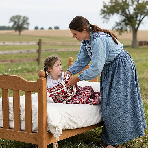 Photograph of a woman in a blue traditional dress, gently adjusting a young girl's red-patterned dress, sitting in a wooden bed outdoors on a