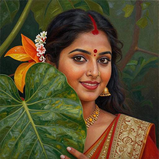 Digital painting of a smiling Indian woman with dark hair, red bindi, gold jewelry, and orange-yellow flower in lush green foliage.