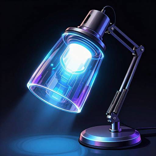 Photograph of a glowing, neon-blue, clear acrylic desk lamp with a metallic arm and base, illuminated against a dark background.