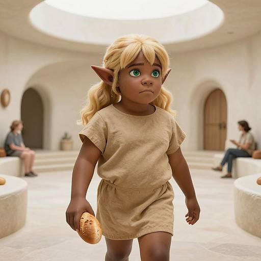 Photorealistic CGI of a young, dark-skinned elf girl with blonde hair, green eyes, wearing a beige dress, holding a loaf of bread
