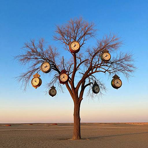 Photograph of a leafless tree with twelve vintage clock faces hanging from its branches, set against a clear blue sky and desert landscape.