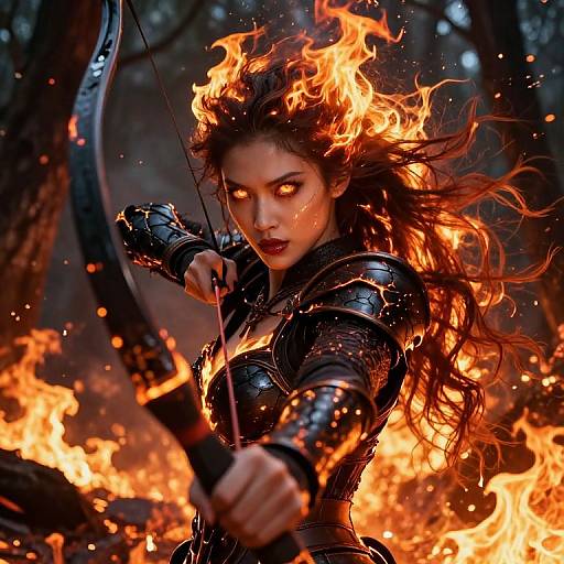 Digital artwork of a fierce, fiery-haired woman with glowing eyes, drawing a black bow amidst blazing flames, clad in shiny, dark armor.