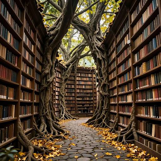 Photograph of a narrow library aisle with towering, intertwined tree roots, bookshelves on both sides, and a cobblestone path strewn with