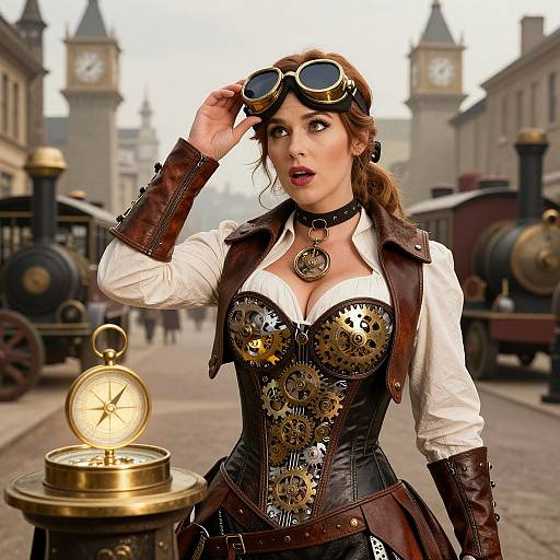 Steampunk woman with brown hair, goggles, leather corset, brass gears, white blouse, brown vest, clock tower background, clock on pedestal