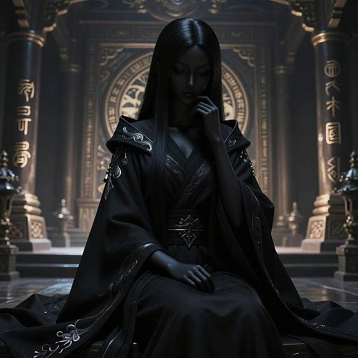 Photorealistic CGI of a silhouetted woman with long black hair, wearing an ornate dark gown, sitting in a dimly lit,