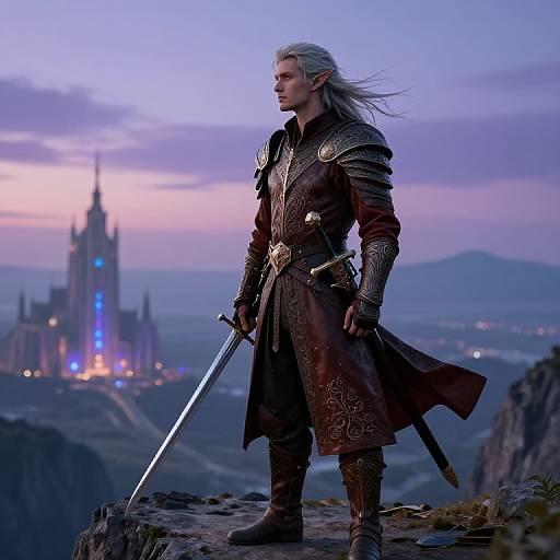Epic fantasy scene: silver-haired warrior in ornate armor and long coat, holding sword, stands on cliff at twilight, with illuminated castle in background
