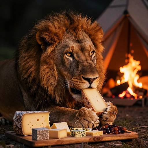 Majestic Lion Enjoying Cheese by Campfire