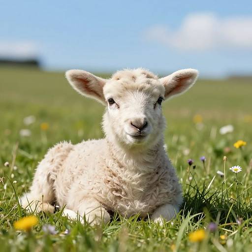 Photograph of a fluffy, white lamb with black eyes, lying in a sunlit, green grassy field with yellow and purple wildflowers, against
