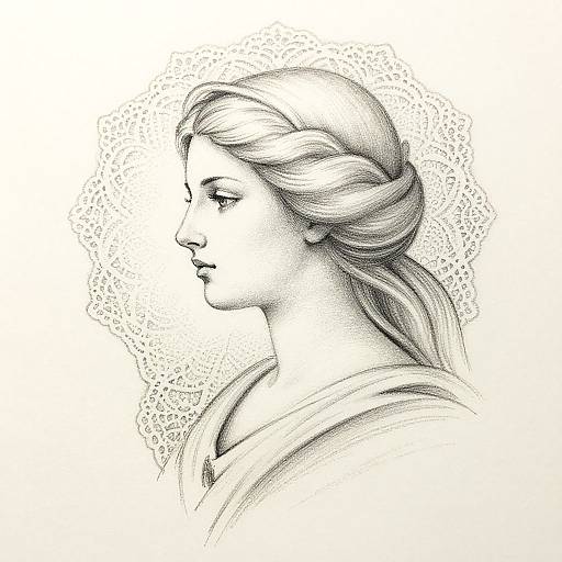 Black and white ink drawing of a serene, profile-view woman with long, elegantly braided hair, wearing a simple top, against a textured,