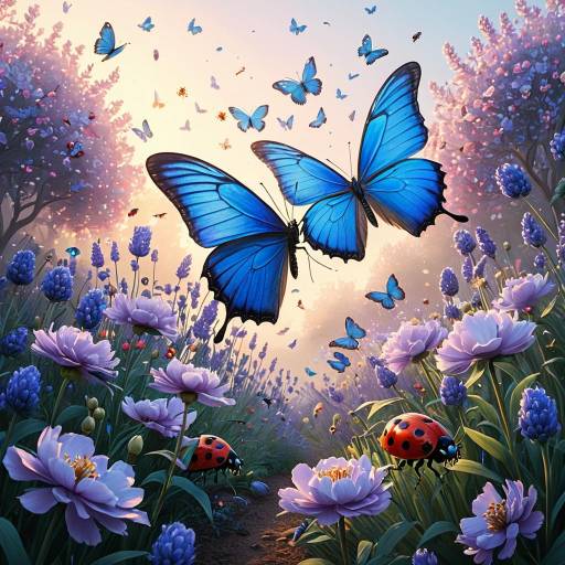 Blue Morpho Butterflies and Ladybugs in Spring Garden