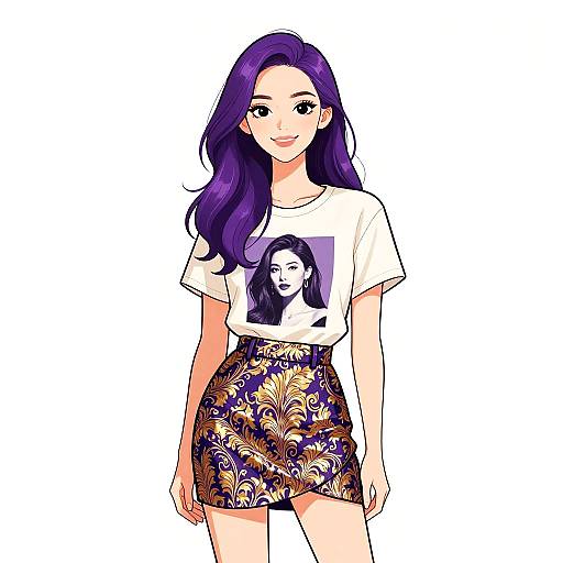 Stylish Woman in Graphic Tee and Baroque Skirt
