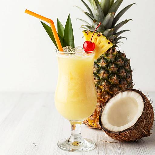 Photograph of a tropical cocktail with pineapple slice, cherry, and orange straw, beside a whole pineapple and halved coconut.