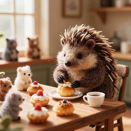 Sunlit Felted Porcupine Patisserie Scene